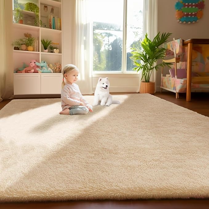 Sour Lemon 8x10 Area Rugs for Bedroom Living Room, Large Fluffy Shag Beige | Shaggy Carpet, Soft Plush Furry Bedside Rugs, Anti Slip, Washable Area Modern Rugs Floor Mat for Kids Girls Boys Living Room