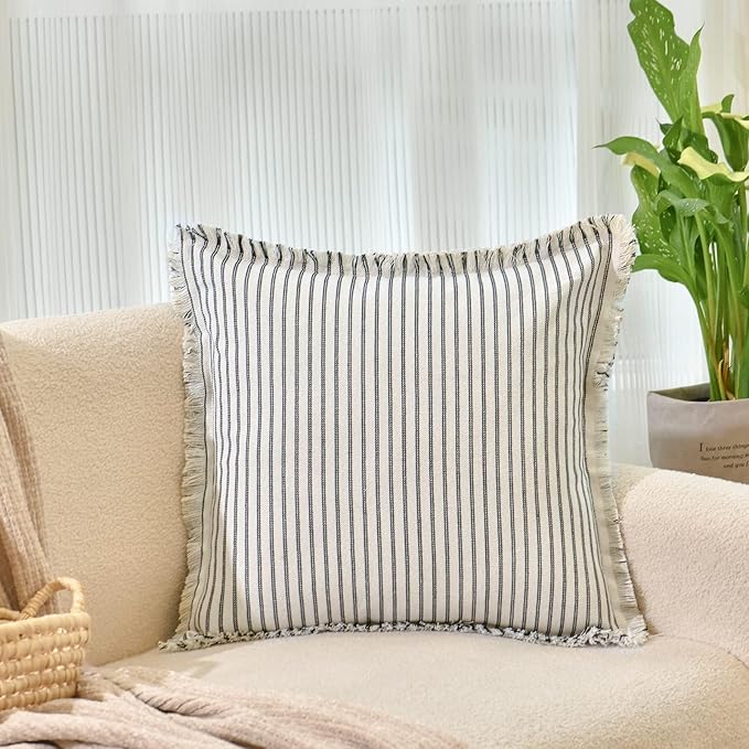 ZWJD Throw Pillow Covers 16x16 Set of 2 Striped Pillow Covers with Fringe Chic Cotton Decorative Pillows Square Cushion Covers for Sofa Couch Bed Living Room Farmhouse Decor, (Black)