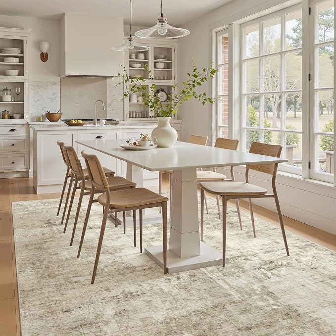 Soalmost Abstract 7x9 Area Rug for Living Room Washable Rugs Beige/Gray | Non-Slip Low-Pile Carpet for Dining Bedroom, Foldable Thin Vintage Stain Resistant Floor Mat Under Table Home Office Nursery
