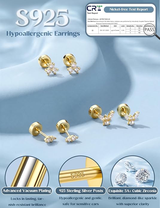 ORAZIO 925 Sterling Silver Flat Back Stud Earrings for Women Hypoallergenic 14K Gold Plated Cartilage Earrings for Sensitive Ears Small CZ Opal Conch Helix Tragus Piercing Jewelry 3 Pairs 20G