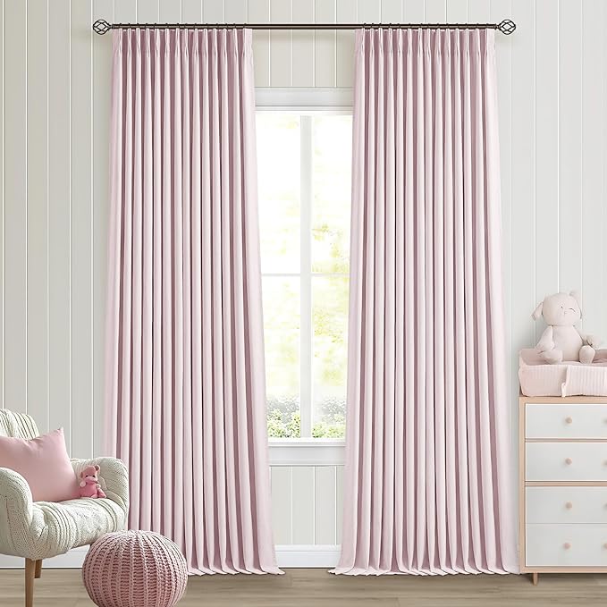 Light Pink Pinch Pleat 100% Blackout Linen Bedroom Curtains 96 Inch Length | Double Layer Curtains, Pleat with Ring Hooks Back Tab, Black Out Room Darkening, Pink Blush Drapes for Girls Baby Nursery