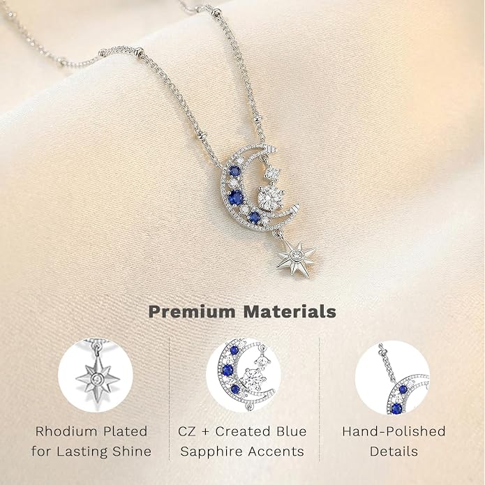 Miss mimi CZ Pendant Necklace, Golden Yellow Princess Cut or Crescent Moon, 18K Gold Plated, Adjustable 16” or 18 + 2”in Chain, Celestial & November Birthstone Citrine Style