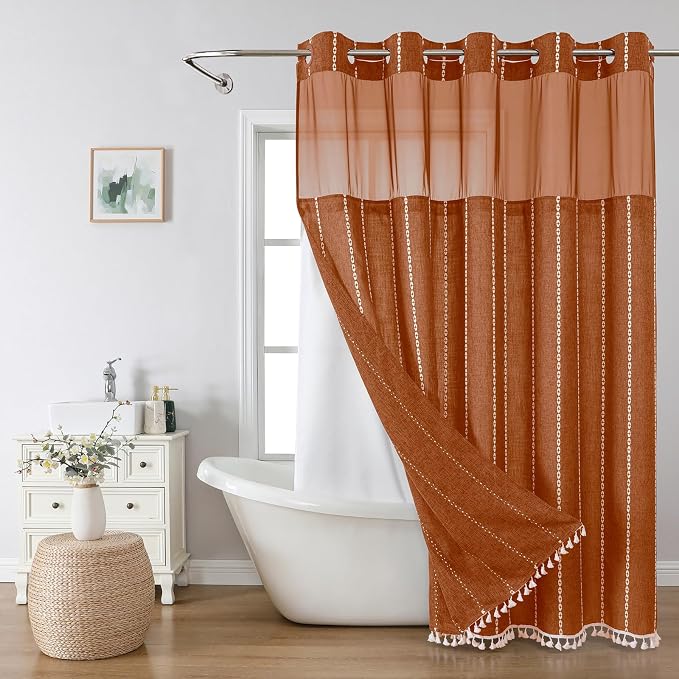 eachope No Hook Long Shower Curtain Set with Snap-in Fabric Liner,Linen Textured Thick Striped Fabric with Tassels,Boho Farmhouse Rustic Luxury Bathroom Curtain,Water-Repellent,Orange,71x80