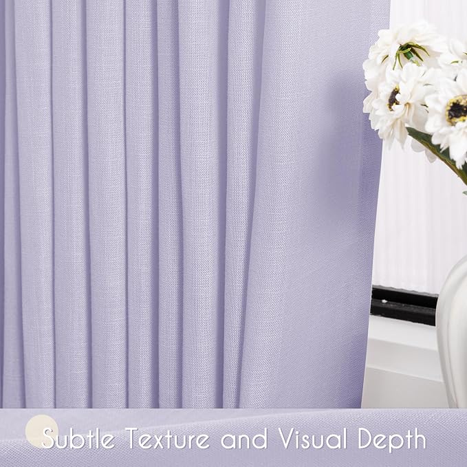 Lavender Semi Sheer Linen Curtains 96 Inches Long 2 Panels Set for Living Room Back Tab Light Filtering Long Drapes Modern Farmhouse Light Violet Purple Bedroom Decor 52X96