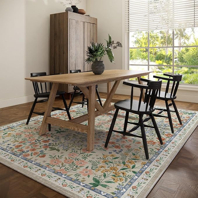 Machine Washable Rugs for Living Room: 8x10 Area Rugs for Bedroom Vintage Stain Resistant Non Slip Low Pile Lightweight Soft Carpet for Kitchen Dining Room Farmhouse Kids Room Nursery Playroom