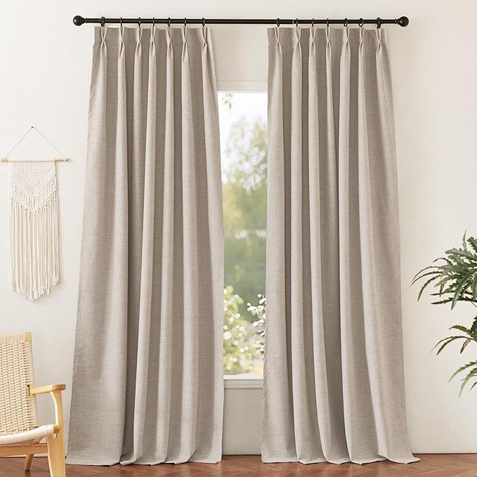 RYB HOME Pinch Pleated Full Blackout Curtains Linen Blended Window Curtains 90 inches for Living Room Bedroom Home Office Privacy Thermal Insulated Drapes, W 42 x L 90 inch, Beige, 2 Panels