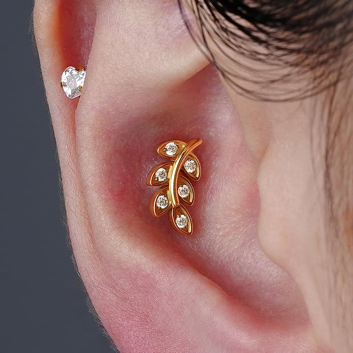 FINE4U 1PC Leaf Flat Back Stud Flat, Helix, Conch, Tragus 6mm 8mm - ASTM F136 Titanium Screw on Body Piercing Jewelry