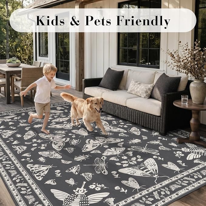 AMOAMI-Outdoor Rug-Patio Rug 8x10 ft Quick Dry Machine Washable Flatweave Textured Outdoor Carpet with Rubber Particles Backing Indoor Outdoor Rug for Patio Deck Front Porch Balcony Greyish Black