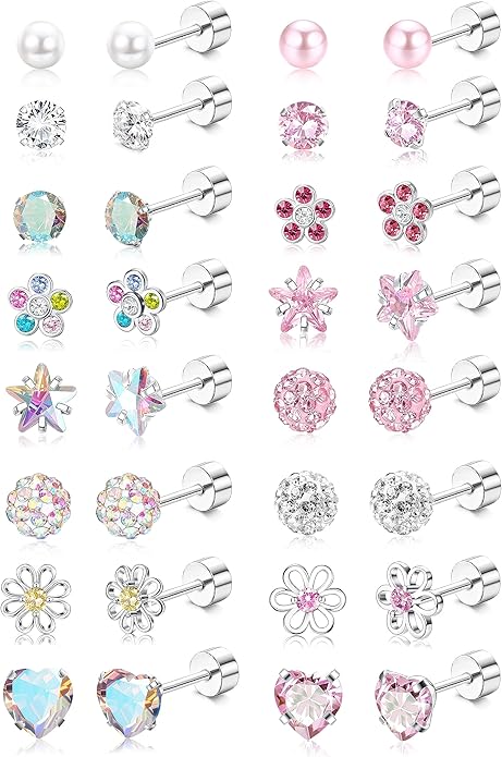 THUNARAZ 16 Pairs Hypoallergenic Earrings for Girls Kids Women Surgical Stainless Steel Earrings for Sensitive Ears Cute Flower Heart Ball Toddler Screw Back Stud Earring Flat Back Earring Set 20G