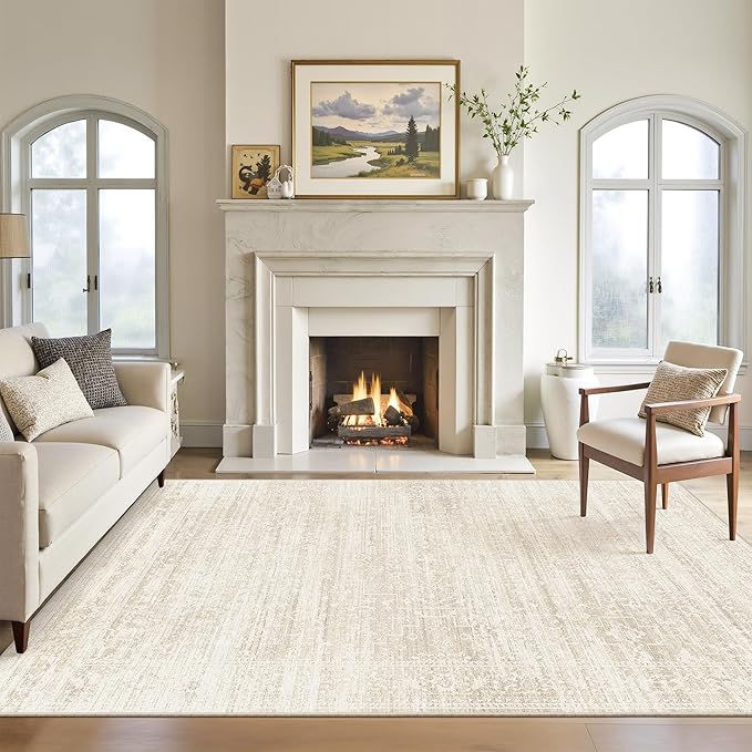 Soalmost 6x9 Area Rugs for Living Room, Washable Soft Rug Beige/Cream | Non-Slip Low Pile Natural Vintage Floral Rug Throw Carpet for Dining Room Bedroom Home Office Nursery 6'x9'