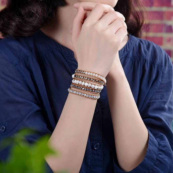 MGR MY GEMS ROCK! 35-Inch Long Multi-Layer Hand Crafted Gemstone and Crystal Multi-Stone Beaded on Genuine Leather Boho Style Stackable Super Wrap Bracelet, up to 5 Wraps.