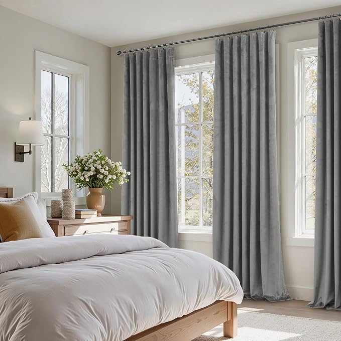 Gray Velvet Curtains 96 Inches Long Grey Thermal Insulated Thick Plush Velvet Blackout Curtains Noise Reduce Back Tab Rod Pocket Luxury Panels for Bedroom Living Room Dining 2 Panels 52x96 Inch Length