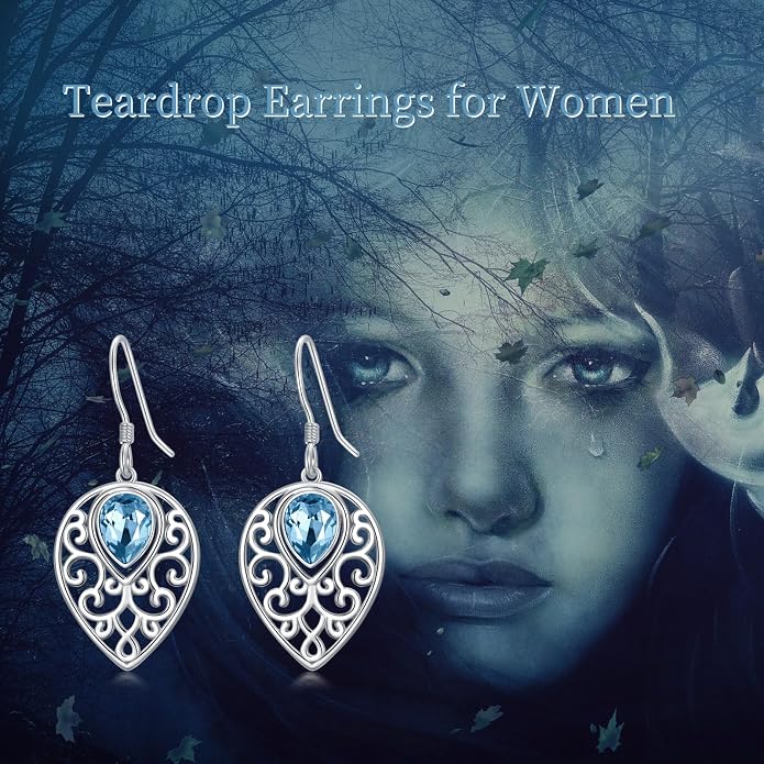Teardrops Earrings 925 Sterling Silver Filigree With Blue Cubic zirconia Teardrops Dangle Drop Hook Earrings for Women and Teen Girls