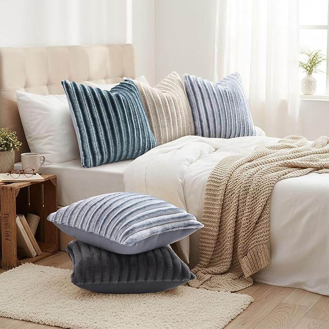 decorUhome Fall Faux Fur Throw Pillow Covers 20x20 Set of 2 Dark Grey | Decorative Soft Cozy Striped Plush Modern Farmhouse Boho Couch Pillow Cases Velvet Back for Sofa Bed Living Room Home Decor