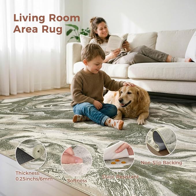 DMOYEST 9x12 Area Rug for Living Room:Washable Modern Neutral Abstract Rug with Low Pile Non Slip Soft Thin Large Indoor Carpet for Bedroom Dining Room Home Office Decor-Olive Green