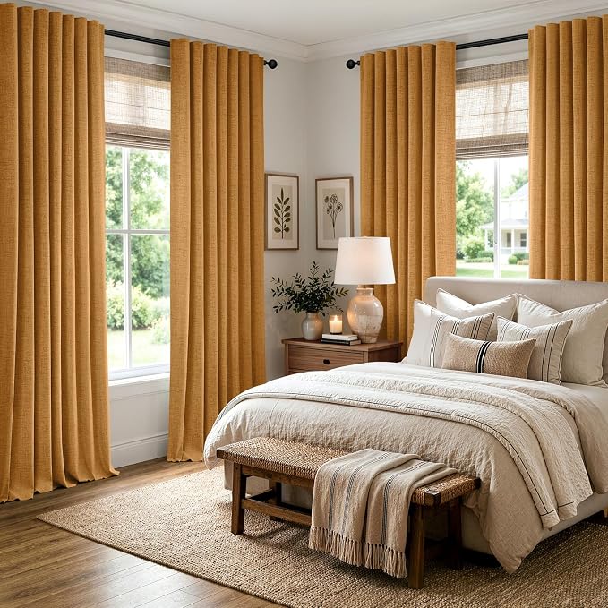 MIULEE Fall 100% Blackout Linen Curtains 42" x 96" Mustard Yellow 2 Panels | Thermal Insulated, Room Darkening Drapes for Bedroom Living Room, Back Tab Rod Pocket Pinch Pleated, Solid Luxury Decor