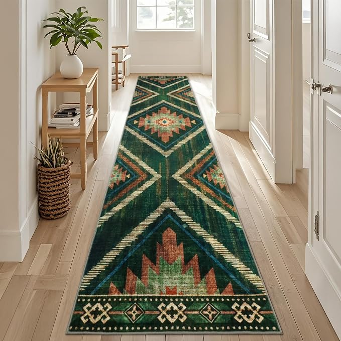 2x10Ft Boho Runner Rugs for Hallway Non Slip, Green Washable Kitchen Rugs, Soft Moroccan Farmhouse Entryway Runner, Low Pile Geometric Floor Carpet for Entrance Bedroom Home Decor