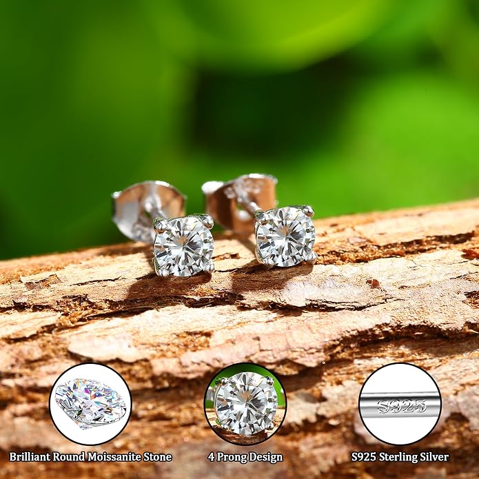 Moissanite Stud Earrings : 18K White Gold Plated Solid 925 Sterling Silver Earring Hypoallergenic Dainty Flat Back Stud Earrings Jewelry for Women Men D Color VVS1 Clarity