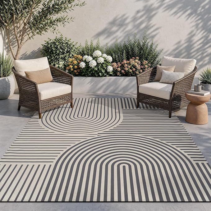 AMOAMI Outdoor Rug Patio Rug 5x8 ft Quick Dry Flatweave Textured Machine Washable Outdoor Carpet with Rubber Particles Backing Boho Outdoor Area Rug for Patio Deck Front Porch Balcony Greyish Black