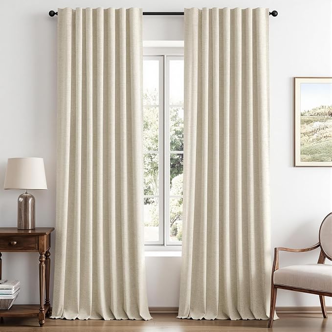 MIULEE 100% Blackout Linen Curtains for Bedroom 42 x 96 Inch Cream 2 Panels | Thermal Insulated, Room Darkening Drapes for Living Room, Back Tab Rod Pocket Pinch Pleated, Solid Luxury Decor
