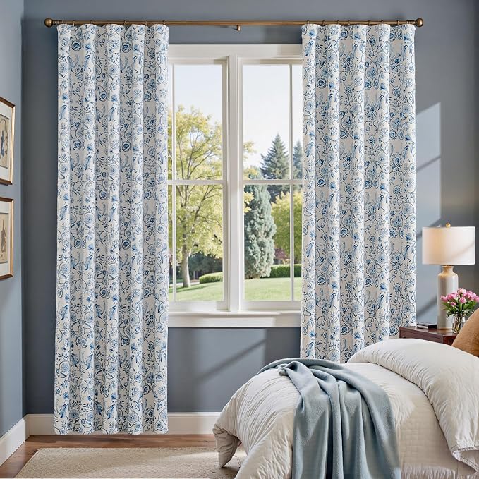 jinchan Blue Floral Blackout Curtains 84 Inch Farmhouse Back Tab 2 Panels | Blue on beige, room darkening, traditional vintage drapes, bedroom, living room, botanical, flower print, window treatment