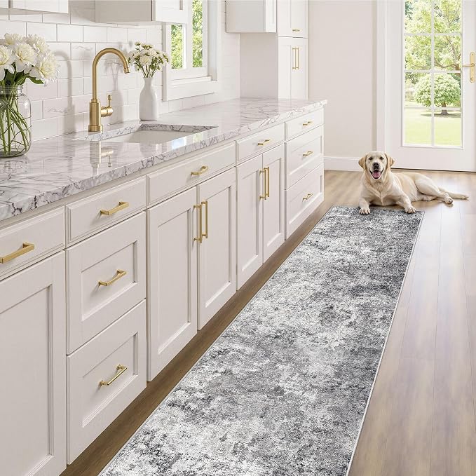 UERMEI 2x8 Washable Runner Rug for Hallway, Non Slip Low Pile Kitchen Carpet, Neutral Modern Abstract Indoor Floor Mat for Entryway Laundry, Kid & Pet Safe High Traffic Area, Grey