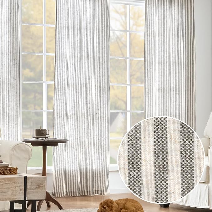 jinchan Linen Curtains 96" Charcoal Grey Stripe on Beige Back Tab 2 Panels | Curtains For Living Room Bedroom,Ticking Stripe, Farmhouse Cottage Core Rustic,Rod Pocket Window Treatment,Light Filtering