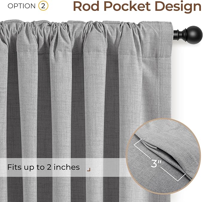 INOVADAY 100% Blackout Curtains 108 Inches Length 2 Panels Set, Back Tab/Rod Pocket Linen Black Out Curtains for Bedroom, Thermal Insulated Window Drapes - Grey, W50 X L108