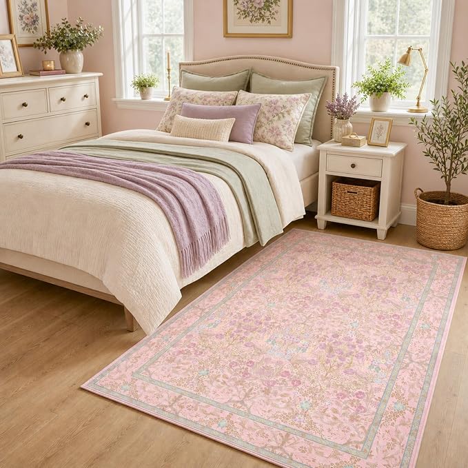 Vintage Washable Light Pink Area Rugs for Bedroom Under Bed, Living Room, Nursery, Kitchen, Entryway, Low Pile Non Slip Stain Resistance Distressed Retro Indoor (Light Pink, 4 x 6)