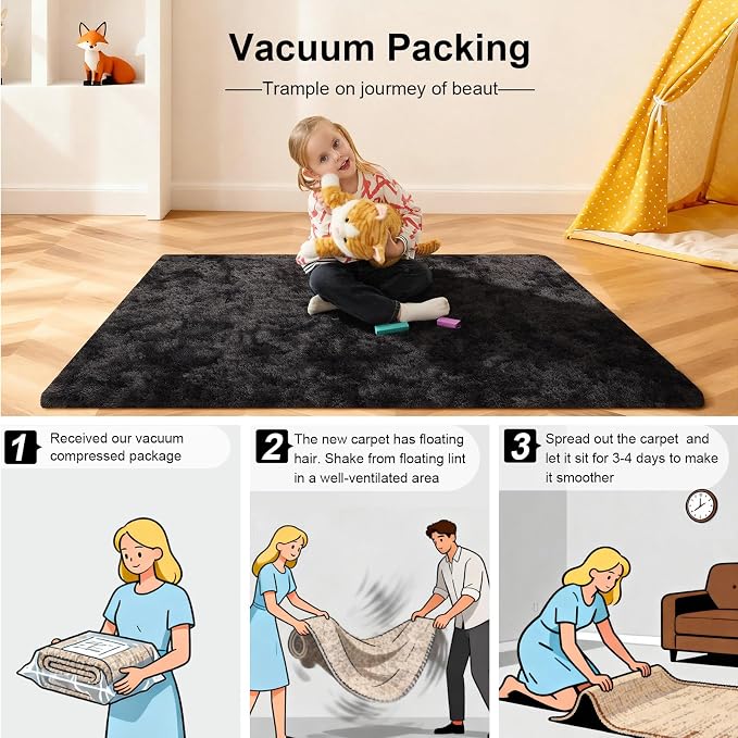 8x10 Area Rugs for Living Room, Large Fluffy Rugs for Bedroom, Fuzzy Shag Soft Non-Slip Carpet for Kids Girls and Boys Nursery Dorm Indoor Room Home Decor (8ft X 10ft, Tie-Dyed Black Grey)