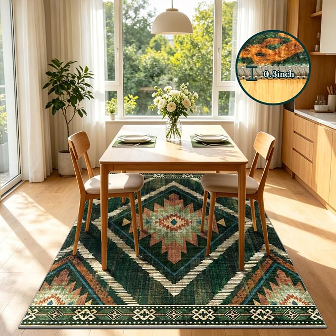 4x6Ft Boho Area Rugs Non Slip, Green Washable Rug for Living Room, Soft Bedroom Carpet, Low Pile Moroccan Entryway Area Floor Carpets for Dining Room Kids Nursery Farmhouse