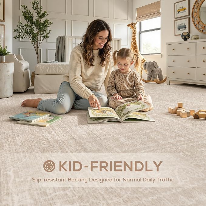 Nakagishi 4x6 Area Rugs Living Room: Washable Large Vintage Rug Neutral Non-Slip Soft Stain Resistant Indoor Carpet for Bedroom Nursery Dining Room Office Playroom - Beige