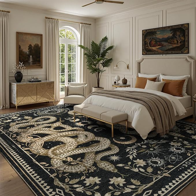 DCX Washable 10x13 Snake Rug, Black Gothic Rug for Living Room, Soft Low Pile Carpet, Kid & Pet Friendly with Rubber Back Non Slip, Stain Resistant Rug for Bedroom Dining Room Office