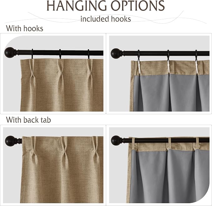 RYB HOME Pinch Pleated Back Tab Curtains Linen Textured 100% Blackout Curtains Thermal Insulated for Bedroom Living Room Bay Window Drapes, W 42 x L 90 inches, Burlap, 2 Panels