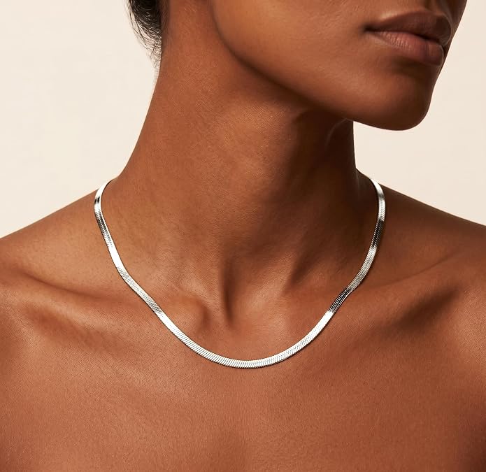 WomenGifts 14K Gold Silver Plated Herringbone Necklace for Women, Dainty Snake Chain Choker, Trendy Simple Long Layered Jewelry Non Tarnish, 3/4/5/8mm,14,16,18,20,22,24,26 Inch Thin & Chunky Options