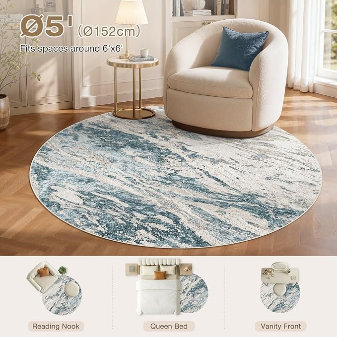 Area Rugs for Living Room: 5ft Round Abstract Washable Rug Modern Neutral Large Soft Stain Resistant Non-Slip for Bedroom Dining Room Indoor Home Office Carpet - Blue Brown