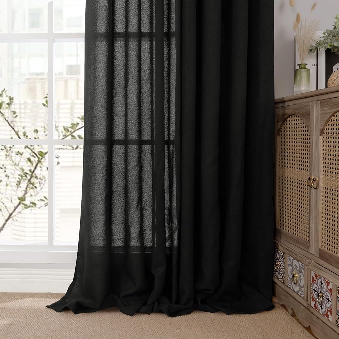 YoungsTex Linen Black Curtains 84 Inch Length 2 Panels for Living Room | Light Filtering Drapes with Bronze Grommet Semi Sheer Gothic Decorative for Dining Bedroom, 52 X 84 Inch