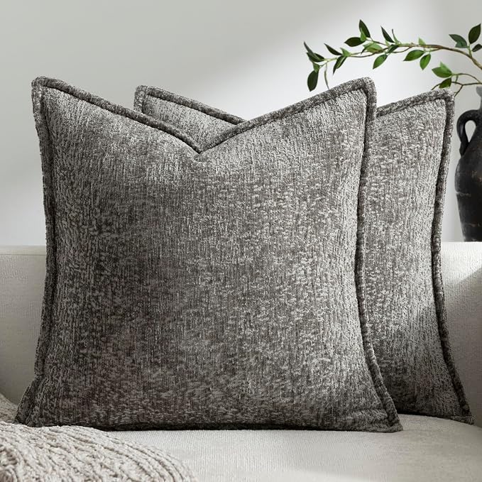 DEZENE Pack of 2 Grey Decorative Throw Pillow Covers 20x20 Cozy Soft Chenille Accent Vintage Square Couch Pillow Covers for Home Decor Bed Sofa Living Room