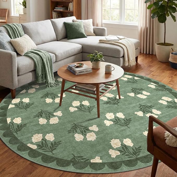 Sage Green 6ft Round Area Rug for Living Room - Large Washable Floral Boho Farmhouse Scalloped Circle Rug for Bedroom Stain Resistant Dining Room Rugs for Under Table Soft Non-Slip Nursery Rug