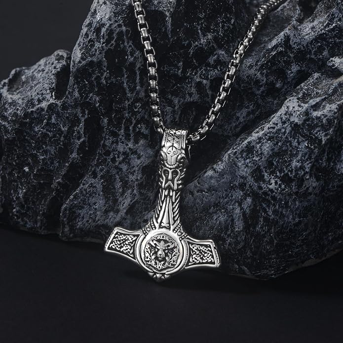 PROESS Thors Hammer Necklace Sterling Silver Celtic Knot Wolf/Lion/Raven Necklace Viking Mjolnir Pendant Jewelry for Men