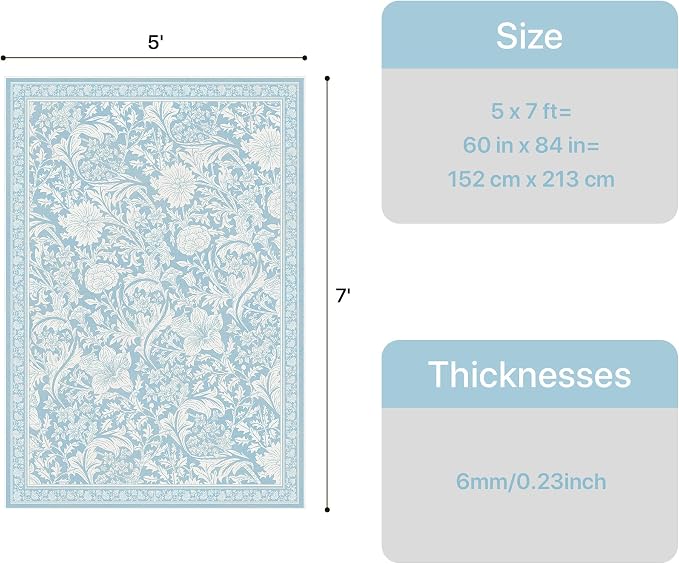 Clearance Area Rug 5x7 Washable Rugs for Bedroom, Vintage Floral Rug with Non Slip Backing, Low Pile Carpet for Living Room, Dinning Room, Light Blue