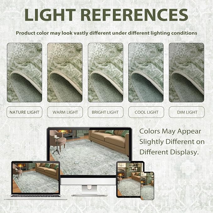 Collive Large Green Area Rug for Living Room 9x12, Washable Area Rug Non Slip Vintage Farmhouse Bedroom Carpet Stain Resistant Ultra-Thin Low Pile Aesthetic Print Floor Rug for Dining Guest Office