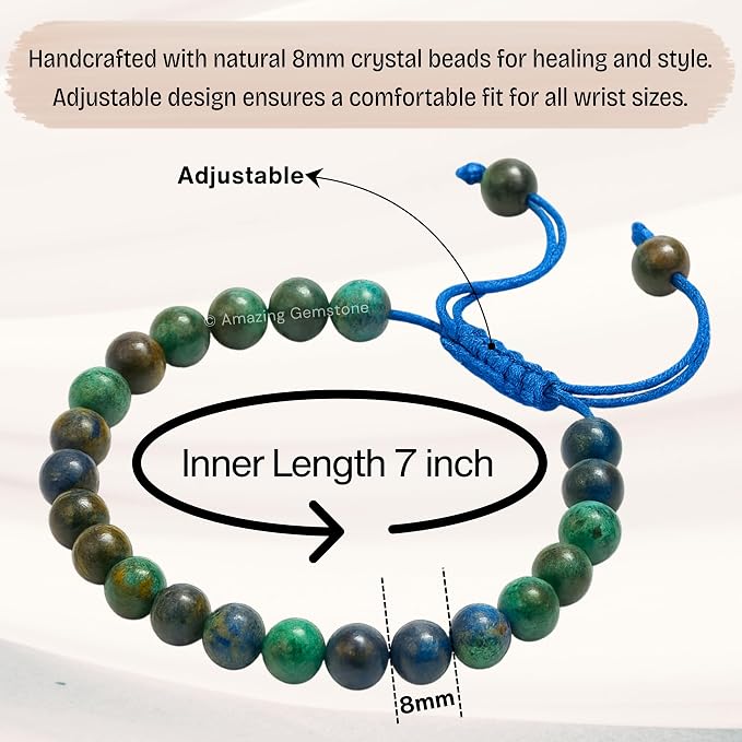 Amazing Gemstone Azurite Bracelet for Women Men's Gifts - Protection Healing Crystal Bracelet - 8mm Gemstone Beaded Adjustable Bracelet Pulseras para Hombres Mujer Stocking Stuffers