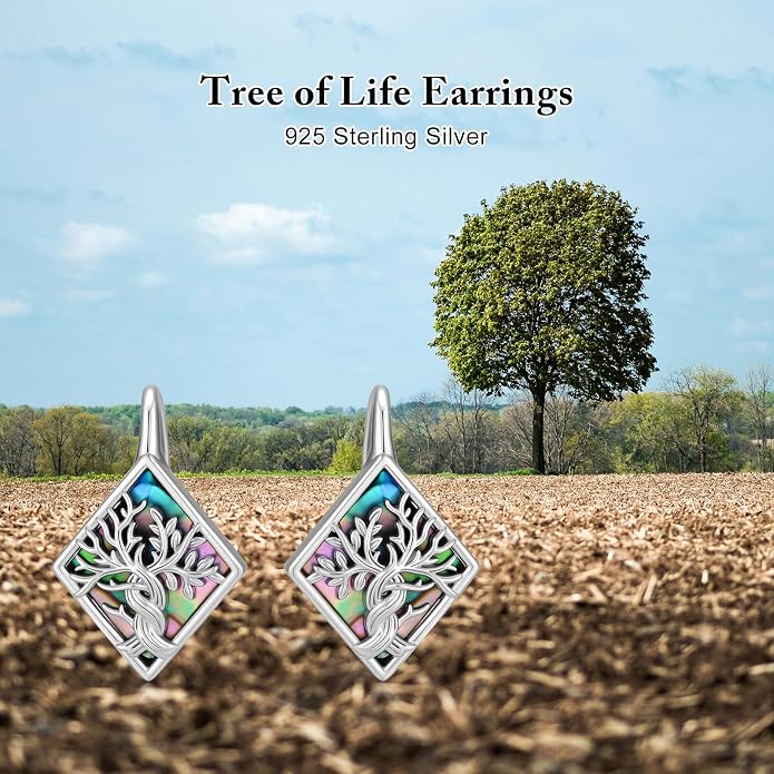 SIMONLY Abalone Shell Tree of Life/Lotus/Clover Earrings for Women 925 Sterling Silver Celtic Knot Leverback Earrings Lotus Jewelry Christmas Mother Day Gift