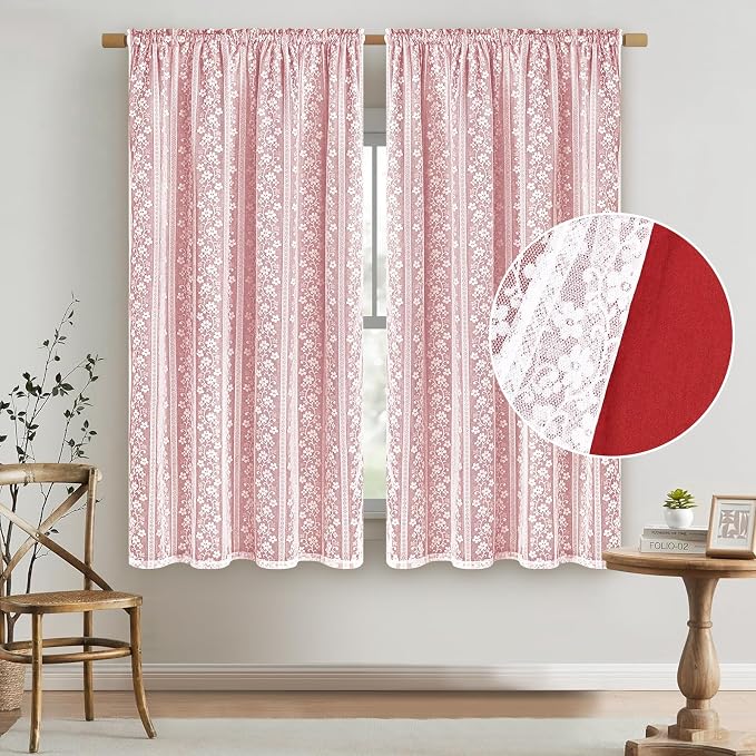 ASPMIZ Linen Curtains for Living Room Double Layers Curtains for Bedroom Farmhouse Window Curtain with Linen Lace, Light Filtering Curtain 63 Inch Length, Rod Pocket Drape with 2 Tiebacks, Red