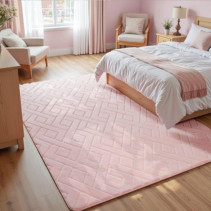 Macgace Ultra Soft Pink Area Rug for Living Room, 5x7 Modern Geometric Shag Rugs with Nonslip Backing for Bedroom, Washable Fuzzy Carpet for Cozy Kids Girls Room