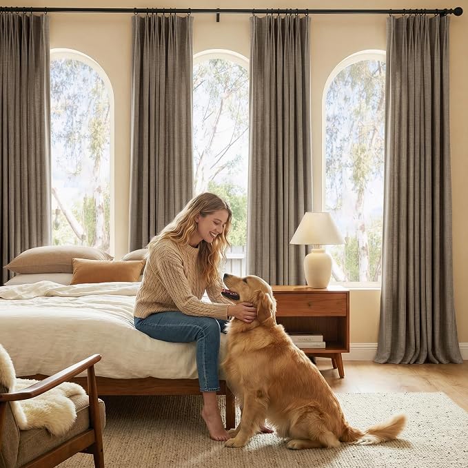 NICETOWN French Taupe Pinch Pleated Curtains 90 Inch Long with Hooks - Premium Faux Linen Drapes Super Heavy-Duty Fabric for Living Room & Patio Sliding Door, W40 x L90, 2 Panel Set