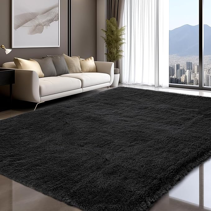 Sour Lemon Area Rugs 9x12 Living Room Bedroom, Large Fluffy Shag Black | Shaggy Carpet, Soft Plush Furry Bedside Rugs, Anti Slip, Washable Area Modern Rugs Floor Mat for Kids Girls Boys Living Room