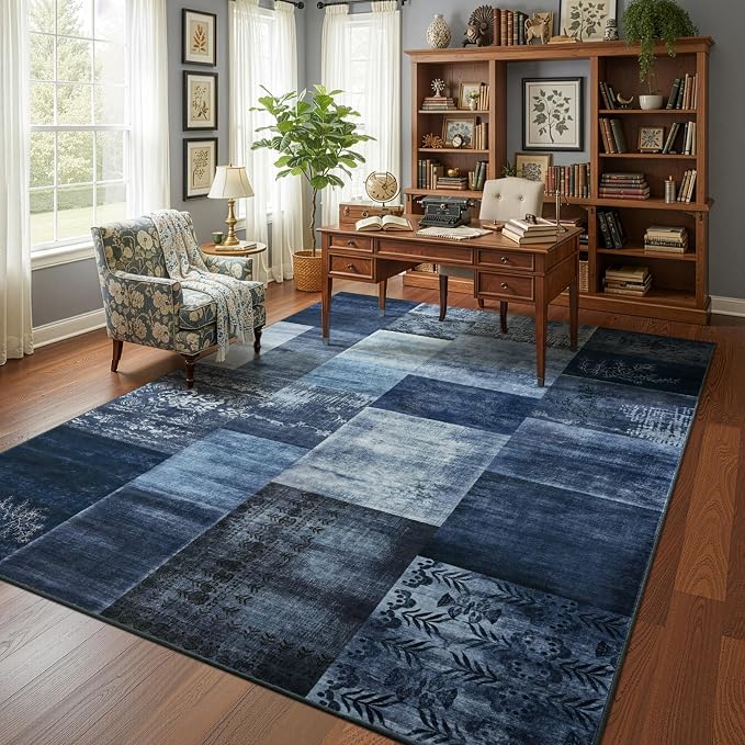 DweIke Washable Area Rugs 4x6 for Living Room, Modern Geometric Navy Blue Soft Patchwork Carpet, Non-Slip Stain Resistant Throw Rug for Bedroom Dining Room Office Home Decor
