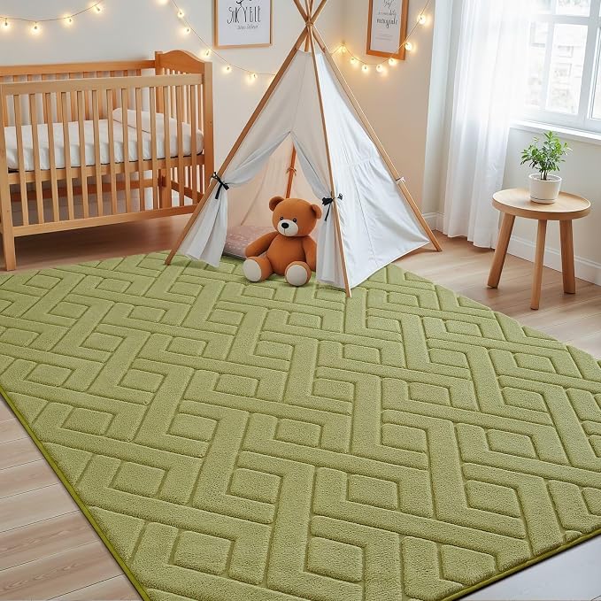 Macgace Ultra Soft Green Area Rug for Living Room, 5x7 Modern Geometric Shag Rugs with Nonslip Backing for Bedroom, Washable Fuzzy Carpet for Cozy Kids Room